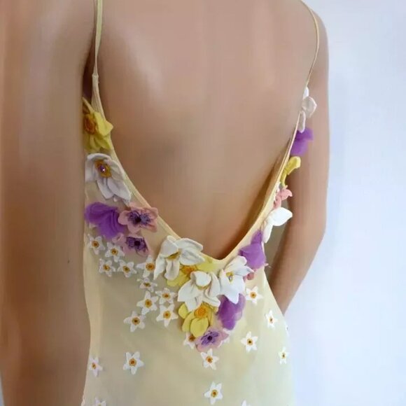 MOSCHINO IVORY LEMON 3D FLOWER APPLIQUES BEADED SILK SLIP DRESS USA 12 IT46 PURP - Picture 8 of 13